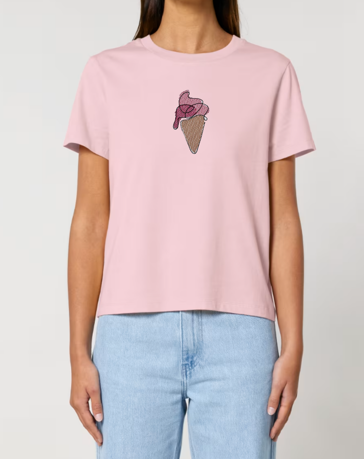 Watercolor Embroidered Ice Cream T-Shirt | Artistic Machine Embroidery Tee | Unique Gift for Her | Soft Cotton Summer Top