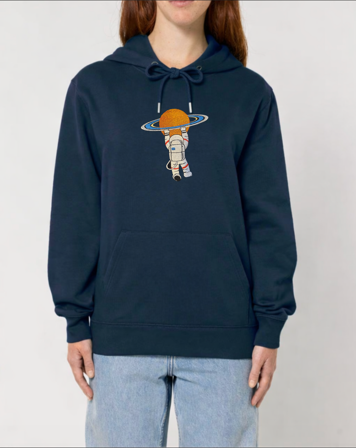 Astronaut Holding Planet Hoodie — Artemis II Mission Relaxed Fit Sweatshirt