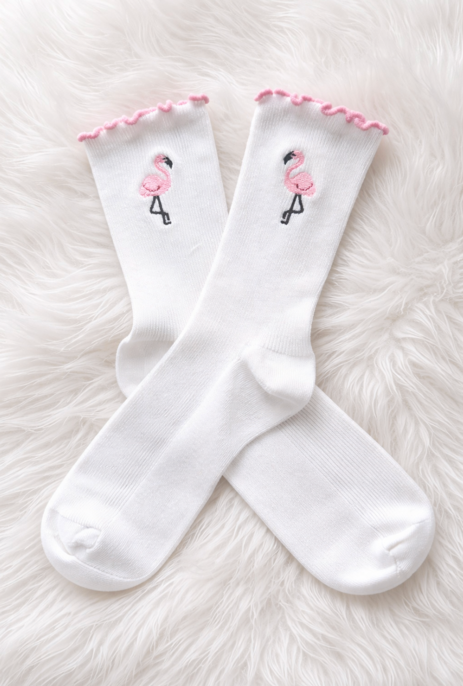 KLUE Organic Cotton Socks with Ruffles | Pink with Flamingo embroidery
