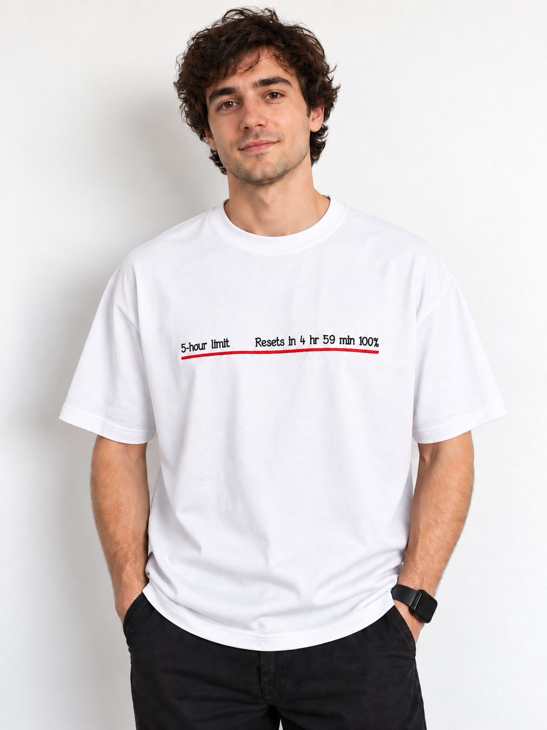 Embroidered AI Coding Humor T-Shirt – 5-Hour Limit Joke Tee (240 GSM Organic Cotton)